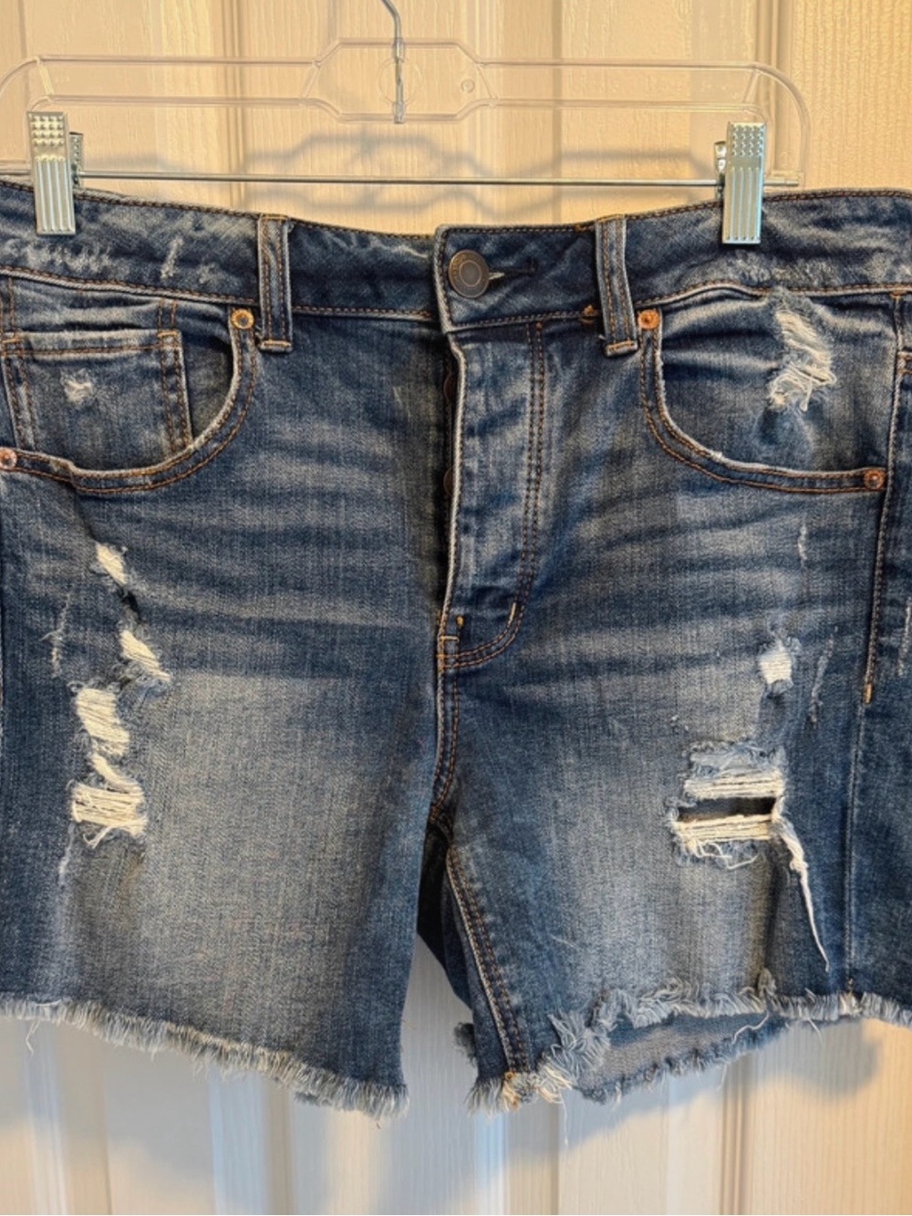 American Eagle Midi Tom Girl Distressed Denim Shorts